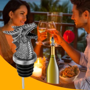 LKKCHER Dragon Head Liquor Pourers Spout for Alcohol Spirits, Dragon Gifts 2-In-1 Wine Bottle Pourer and Stopper for Men Women, Wine Accessories Gifts, Silver with Bag