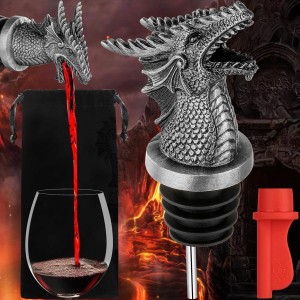 LKKCHER Dragon Head Liquor Pourers Spout for Alcohol Spirits, Dragon Gifts 2-In-1 Wine Bottle Pourer and Stopper for Men Women, Wine Accessories Gifts, Silver with Bag