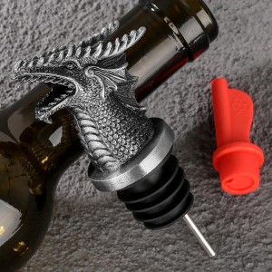 LKKCHER Dragon Head Liquor Pourers Spout for Alcohol Spirits, Dragon Gifts 2-In-1 Wine Bottle Pourer and Stopper for Men Women, Wine Accessories Gifts, Silver with Bag