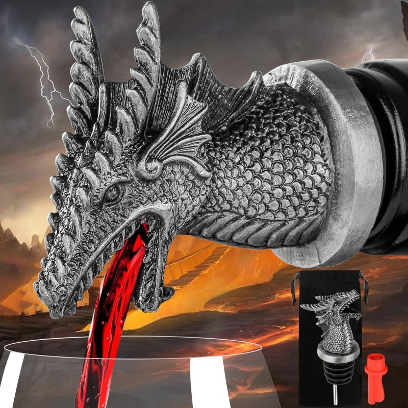 LKKCHER Dragon Head Liquor Pourers Spout for Alcohol Spirits, Dragon Gifts 2-In-1 Wine Bottle Pourer and Stopper for Men Women, Wine Accessories Gifts, Silver with Bag