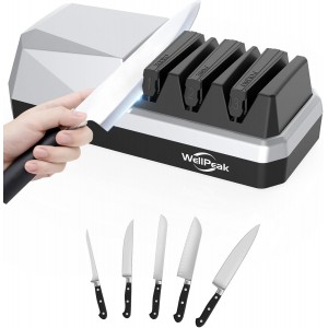 3-Stage Electric Knife Sharpener for 18/20-Degree Knifes, Diamond Abrasive Sharpening for Straight Edge Chef Knives, Ceramic Hone for Chef Knives, Serrated Knives Polishing (SILVER, 3-Stage)