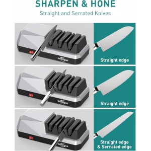 3-Stage Electric Knife Sharpener for 18/20-Degree Knifes, Diamond Abrasive Sharpening for Straight Edge Chef Knives, Ceramic Hone for Chef Knives, Serrated Knives Polishing (SILVER, 3-Stage)