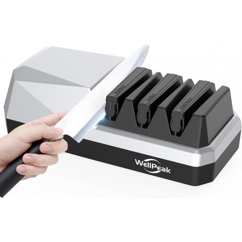 3-Stage Electric Knife Sharpener for 18/20-Degree Knifes, Diamond Abrasive Sharpening for Straight Edge Chef Knives, Ceramic Hone for Chef Knives, Serrated Knives Polishing (SILVER, 3-Stage)