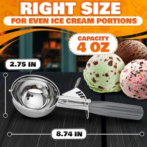 4 oz Ice Cream Scoop with Trigger – 8.74 x 2.75 Size, Ergonomic Handle, #8 Trigger Release Scoop for Ice Cream, Baking, Cookies and Desserts, Easy to Clean, Dishwasher-Safe