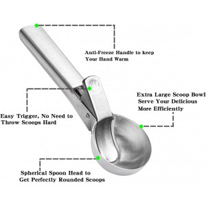 Premium Ice Cream Scoop, Stainless Steel Ice Scoop with Trigger & Ergonomic Handle - One-Push Release for Perfect Scooping, Dishwasher Safe for Ice Cream, Gelato, Sorbet, Cake Batter (1p-silver)