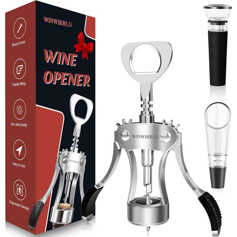 Wine Bottle Opener Gift Set, Zinc Alloy Wing Corkscrew with Vacuum Stopper & Aerator Pourer, Multifunctional Wine Corkscrew for Kitchen, Bar, Party, Camping, BBQ, Wedding, Dinner Gathering