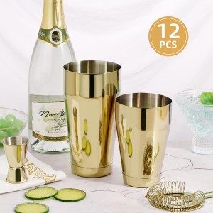 Mwellewm Boston Shaker Cocktail Set Bartender Kit, 12 Pcs Drink Shaker with Strainer Bartending Martini Shaker Tin with 18oz & 28oz Mixed Alcohol Shaker Stainless Steel Bar Tool for Beginner(Gold)
