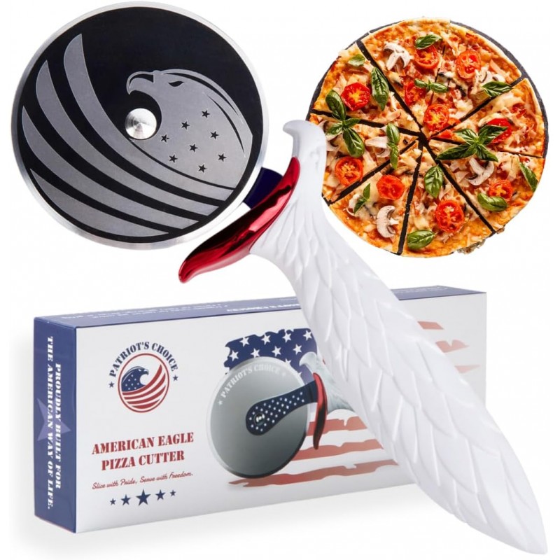 Patriot's Choice American Eagle Stainless Steel Pizza Cutter Wheel – Ultra Sharp with Built-In Finger Guard - Patriotic Kitchen Tools & Pizza Accessories Gift for Men - Dishwasher Safe 10