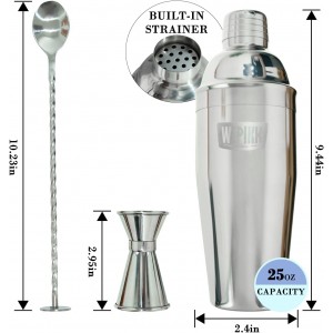 Stainless Steel Cocktail Shaker Set, 24oz/750ml Bartender Kit Includes Strainer and Stir Stick for Home, Bar, Party, Bar Accessories for The Home Bar Set (Silver)