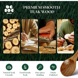 Bkiok Wooden Strainer Spoon for Cooking, Durable Wooden Slotted Spoons, Handmade Colander Spoons,Teak Wood Skimmer
