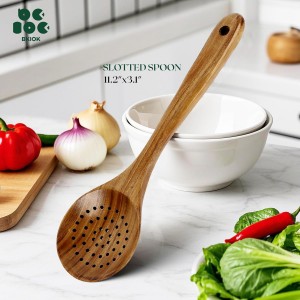Bkiok Wooden Strainer Spoon for Cooking, Durable Wooden Slotted Spoons, Handmade Colander Spoons,Teak Wood Skimmer