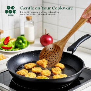 Bkiok Wooden Strainer Spoon for Cooking, Durable Wooden Slotted Spoons, Handmade Colander Spoons,Teak Wood Skimmer