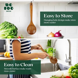 Bkiok Wooden Strainer Spoon for Cooking, Durable Wooden Slotted Spoons, Handmade Colander Spoons,Teak Wood Skimmer