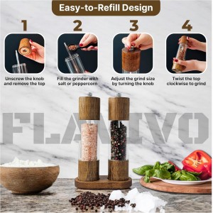 Wooden Salt and Pepper Grinder Set, Manual Premium Acrylic Salt and pepper Mills with Adjustable Ceramic Core and Wooden Stand, 8-Inch Refillable Giftable Shakers (2 Pieces with Tray)