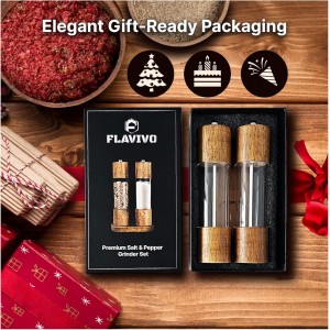Wooden Salt and Pepper Grinder Set, Manual Premium Acrylic Salt and pepper Mills with Adjustable Ceramic Core and Wooden Stand, 8-Inch Refillable Giftable Shakers (2 Pieces with Tray)