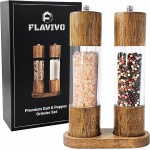 Wooden Salt and Pepper Grinder Set, Manual Premium Acrylic Salt and pepper Mills with Adjustable Ceramic Core and Wooden Stand, 8-Inch Refillable Giftable Shakers (2 Pieces with Tray)