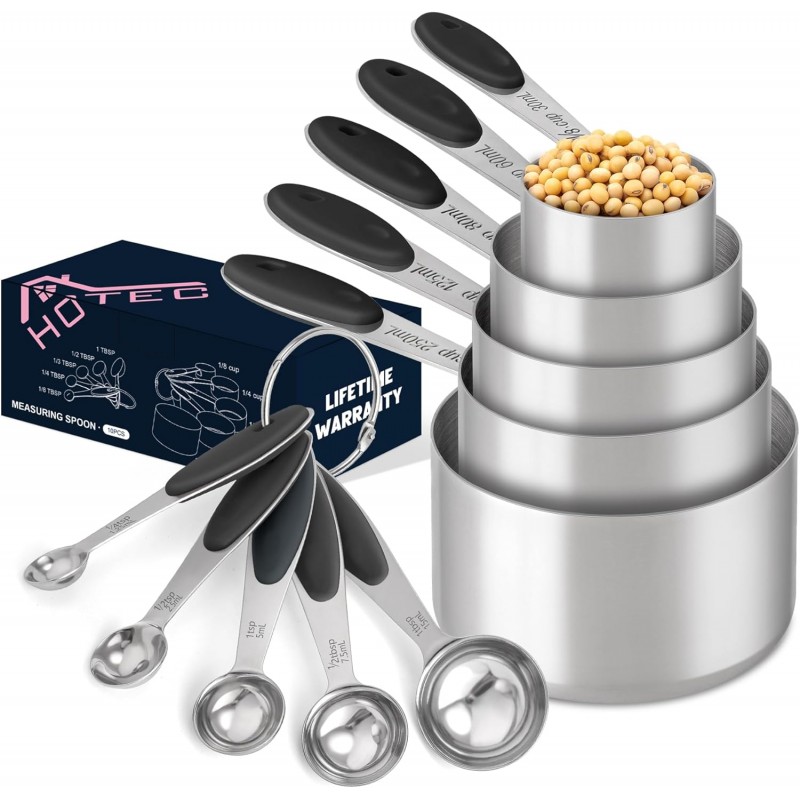 HOTEC 10-PACK Measuring Cups and Spoons Set, Kitchen Gadagets Cooking Baking,Heavy Duty & Dishwasher Safe for Dry and Liquid Ingredients,Black