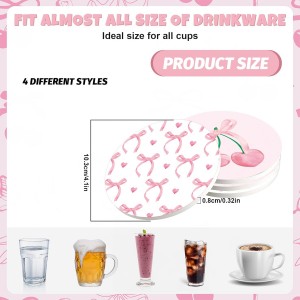4Pcs Pink Bow Coasters Cute Coquette Bowknots Ceramic Drink Coasters Absorbent Bow Cherries Cup Mat for Mother's Day Valentines Baby Shower Birthday Home Kitchen Office Party Table Decor
