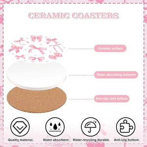 4Pcs Pink Bow Coasters Cute Coquette Bowknots Ceramic Drink Coasters Absorbent Bow Cherries Cup Mat for Mother's Day Valentines Baby Shower Birthday Home Kitchen Office Party Table Decor
