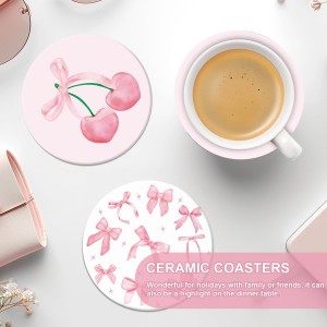 4Pcs Pink Bow Coasters Cute Coquette Bowknots Ceramic Drink Coasters Absorbent Bow Cherries Cup Mat for Mother's Day Valentines Baby Shower Birthday Home Kitchen Office Party Table Decor