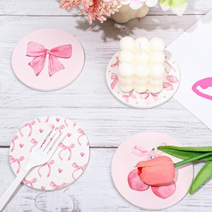 4Pcs Pink Bow Coasters Cute Coquette Bowknots Ceramic Drink Coasters Absorbent Bow Cherries Cup Mat for Mother's Day Valentines Baby Shower Birthday Home Kitchen Office Party Table Decor