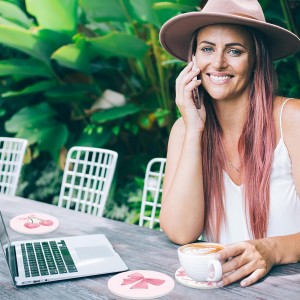 4Pcs Pink Bow Coasters Cute Coquette Bowknots Ceramic Drink Coasters Absorbent Bow Cherries Cup Mat for Mother's Day Valentines Baby Shower Birthday Home Kitchen Office Party Table Decor