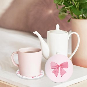 4Pcs Pink Bow Coasters Cute Coquette Bowknots Ceramic Drink Coasters Absorbent Bow Cherries Cup Mat for Mother's Day Valentines Baby Shower Birthday Home Kitchen Office Party Table Decor