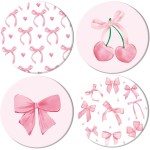 4Pcs Pink Bow Coasters Cute Coquette Bowknots Ceramic Drink Coasters Absorbent Bow Cherries Cup Mat for Mother's Day Valentines Baby Shower Birthday Home Kitchen Office Party Table Decor