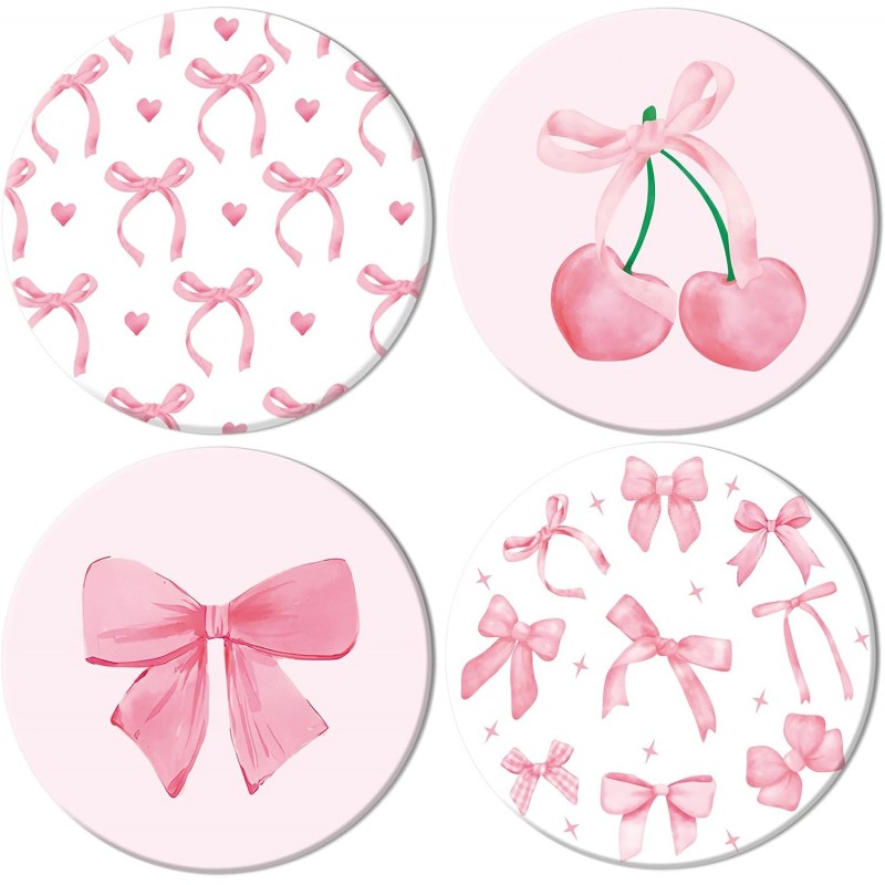 4Pcs Pink Bow Coasters Cute Coquette Bowknots Ceramic Drink Coasters Absorbent Bow Cherries Cup Mat for Mother's Day Valentines Baby Shower Birthday Home Kitchen Office Party Table Decor