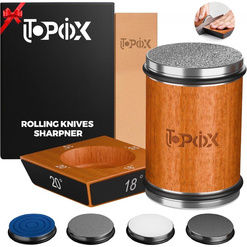 Rolling Knife Sharpener Kit – 4 Angles (15°,18°,20°,22°) – Includes Diamond, Ceramic & Honing Discs with Leather Strop – Ideal for Home Cooks & Professional Chefs