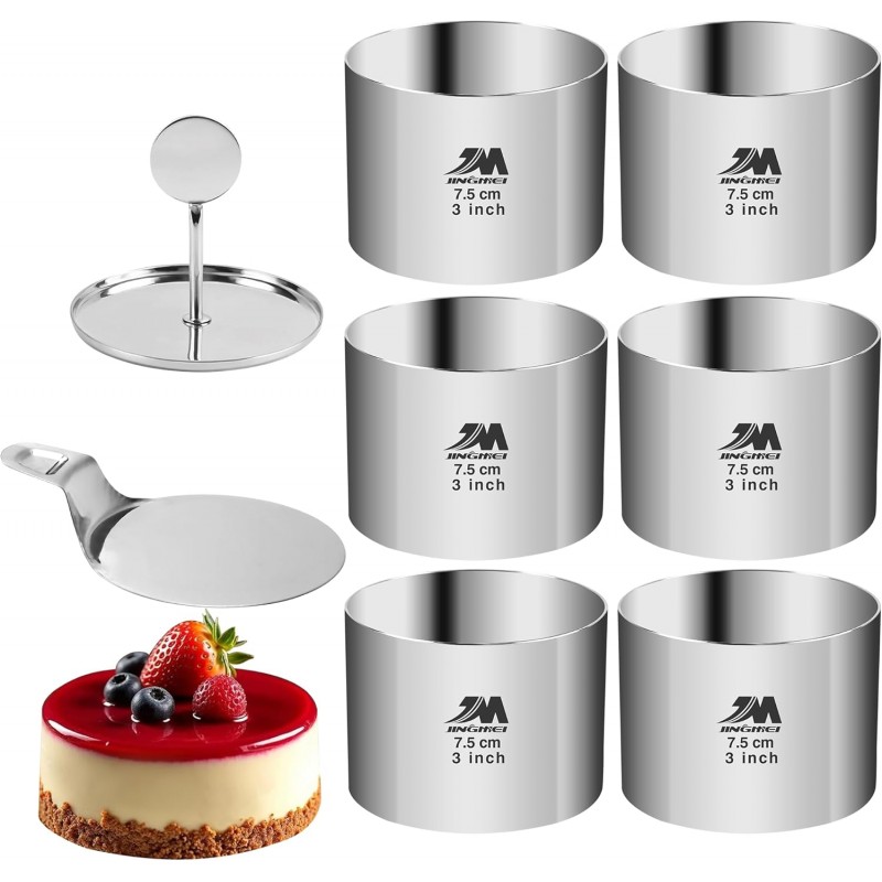 6 Pack Round Cake Ring Molds, Seamless Stainless Steel Cake Cutter with Pusher & Lifter, 3-Inch Dessert Mousse Rings for Baking (Includes 1 Pusher, 1 Lifter and 6 Rings)