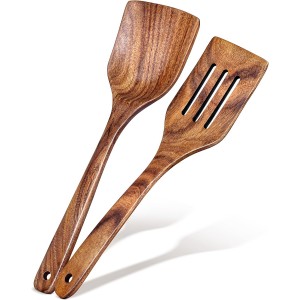 2Pcs Wooden Spatula, Acacia Solid & Slot...