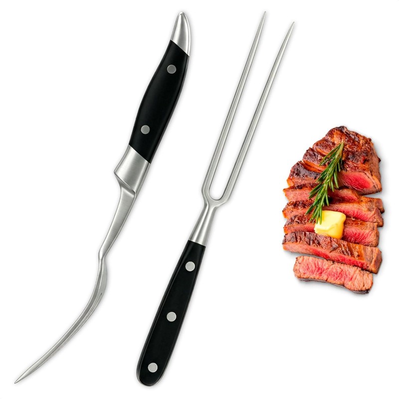 2 Pcs Carving Fork for Meat 12 inch - Stainless Steel Meat Fork with Heat-Resistant Handle for Grilling, Cooking, Serving - Straight and Curved Carving Utensils with Classic Two-Prong BBQ Design