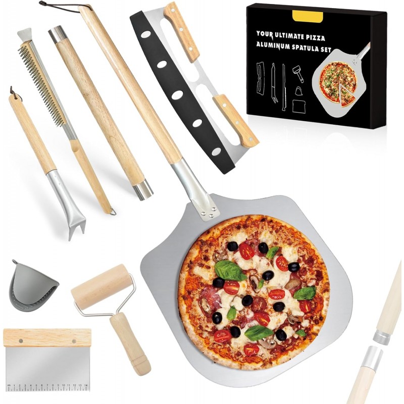 7PCS Pizza Oven Accessories Kit – Premium Pizza Making Tools Set for Home & Outdoor Ovens – Includes Pizza Peel, Oven Brush, Bubble Popper Turner, Rocker Cutter, Dough Roller & Scraper