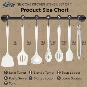 Herogo Silicone Cooking Utensils Set, 7-Piece Kitchen Utensils Set, Heat Resistant Cooking Gadget Tools Slotted Turner, Spoon, Soup Ladle, Pasta Server, Spatula, Tongs for Nonstick Cookware, White