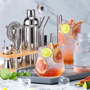 Cocktail Shaker Set, 19 Piece Bartender Kit, Silver, Bar Tool Set with Cocktail Shaker, Mixer Spoon, Measuring Cup, Strainer, Muddler, Corkscrew, Tongs