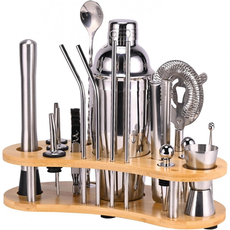 Cocktail Shaker Set, 19 Piece Bartender Kit, Silver, Bar Tool Set with Cocktail Shaker, Mixer Spoon, Measuring Cup, Strainer, Muddler, Corkscrew, Tongs