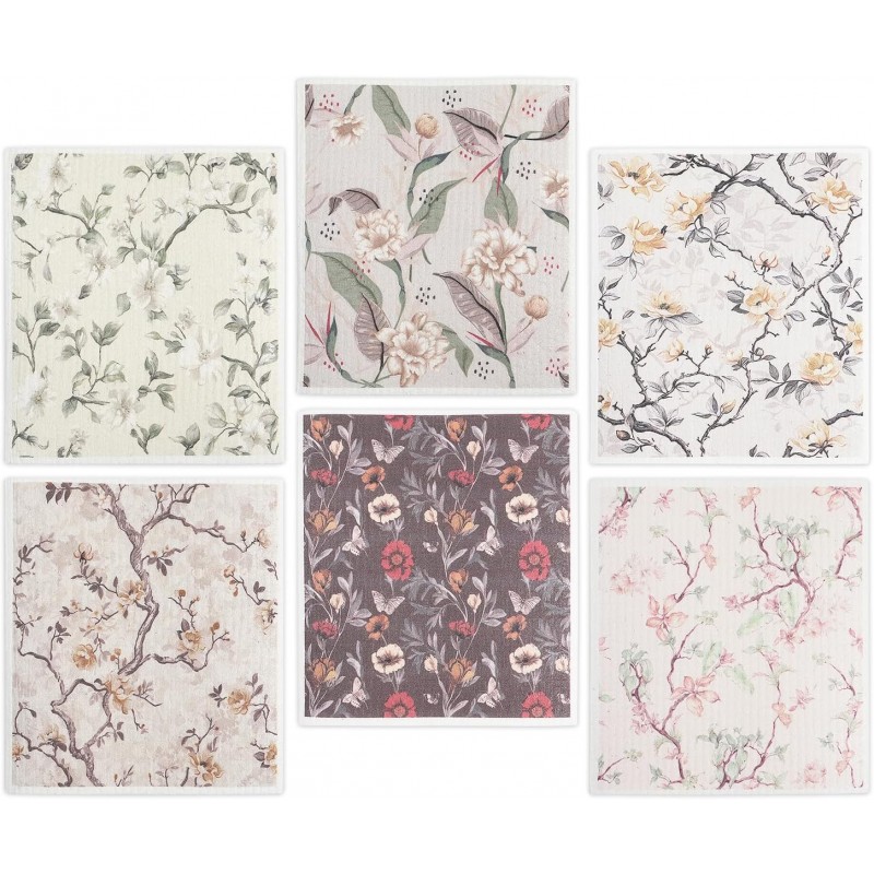 YoulerTex Swedish Dishcloths Dish Towels Set: 6 Packs Cellulose Sponge Cloths Reusable Cleaning Cloths for Kitchen Absorbent Reusable Paper Towels Dish Cloth Non-Scratch No Odor (Flower)