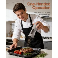 Electric Salt and Pepper Grinder Set, Stainless Steel Automatic Pepper Mill, Rechargeable with USB-C Charging Base, Gravity Activated One-Handed Operation, Dual LED Light, 2 Pack