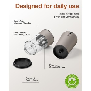 Electric Salt and Pepper Grinder Set, Stainless Steel Automatic Pepper Mill, Rechargeable with USB-C Charging Base, Gravity Activated One-Handed Operation, Dual LED Light, 2 Pack
