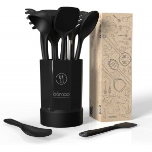 oannao Silicone Kitchen Utensils Set, 600°F Heat Resistant Silicone Cooking Utensils, Spatula, Spoon, Whisk, Tongs, Kitchen Gadgets Sets for Nonstick Cookware, Dishwasher Safe BPA Free (Black)