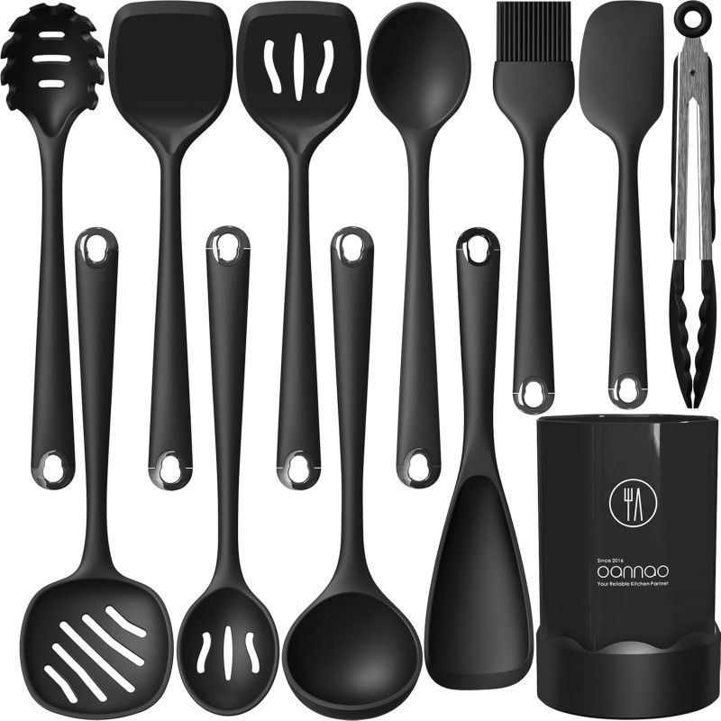 oannao Silicone Kitchen Utensils Set, 600°F Heat Resistant Silicone Cooking Utensils, Spatula, Spoon, Whisk, Tongs, Kitchen Gadgets Sets for Nonstick Cookware, Dishwasher Safe BPA Free (Black)