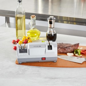 Restaurantware-Kitchen Tek 2-Stage Electric Knife Sharpener, 1 Straight-Edge Knife Sharpener With Diamond Grinding Wheel - 120 Voltage, Quick Sharpening, Gray Plastic, For Kitchen Knives