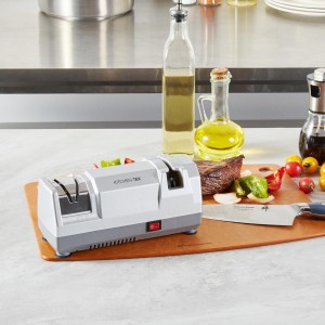 Restaurantware-Kitchen Tek 2-Stage Electric Knife Sharpener, 1 Straight-Edge Knife Sharpener With Diamond Grinding Wheel - 120 Voltage, Quick Sharpening, Gray Plastic, For Kitchen Knives