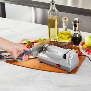 Restaurantware-Kitchen Tek 2-Stage Electric Knife Sharpener, 1 Straight-Edge Knife Sharpener With Diamond Grinding Wheel - 120 Voltage, Quick Sharpening, Gray Plastic, For Kitchen Knives