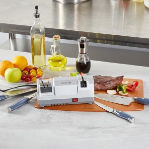 Restaurantware-Kitchen Tek 2-Stage Electric Knife Sharpener, 1 Straight-Edge Knife Sharpener With Diamond Grinding Wheel - 120 Voltage, Quick Sharpening, Gray Plastic, For Kitchen Knives