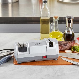 Restaurantware-Kitchen Tek 2-Stage Electric Knife Sharpener, 1 Straight-Edge Knife Sharpener With Diamond Grinding Wheel - 120 Voltage, Quick Sharpening, Gray Plastic, For Kitchen Knives