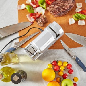 Restaurantware-Kitchen Tek 2-Stage Electric Knife Sharpener, 1 Straight-Edge Knife Sharpener With Diamond Grinding Wheel - 120 Voltage, Quick Sharpening, Gray Plastic, For Kitchen Knives