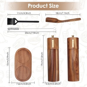 Wooden Salt and Pepper Grinder Set, 8 inch Manual Salt and Pepper Mill with Brush and Spoon, Adjustable Coarseness, Refillable Pepper Grinder for Kitchen, Brown
