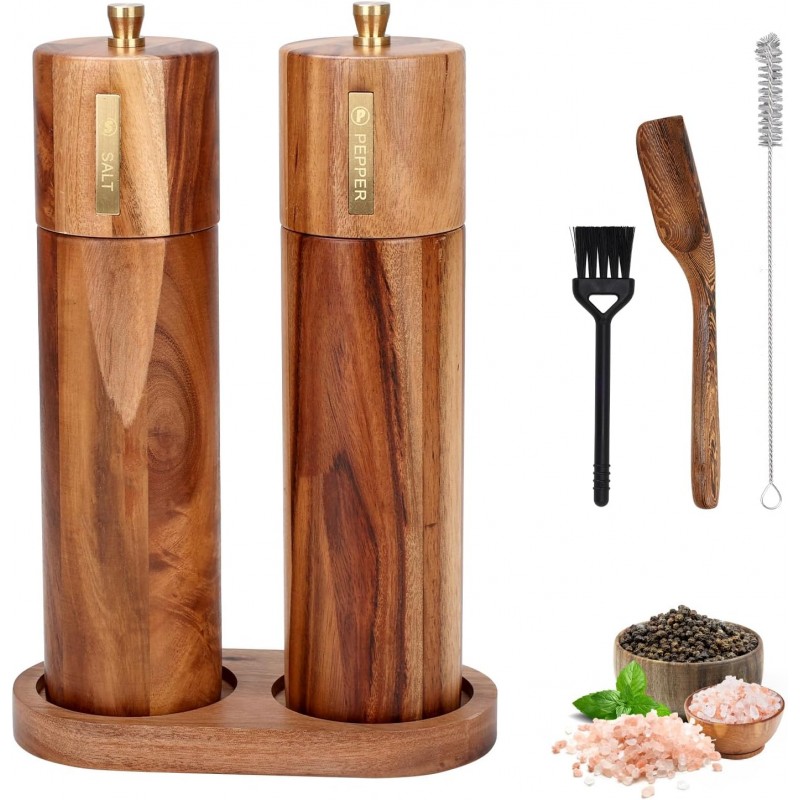 Wooden Salt and Pepper Grinder Set, 8 inch Manual Salt and Pepper Mill with Brush and Spoon, Adjustable Coarseness, Refillable Pepper Grinder for Kitchen, Brown